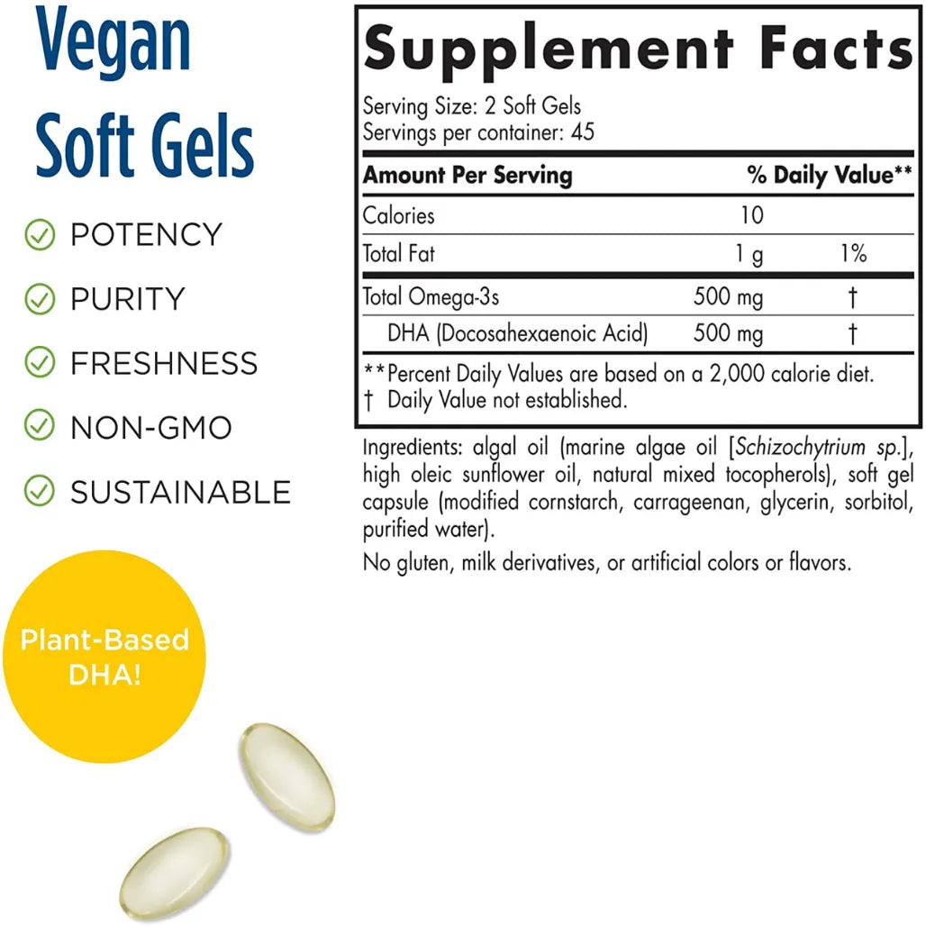 Ingredients of Algae DHA Dietary Supplement - omega-3s 500 mg, DHA 500mg