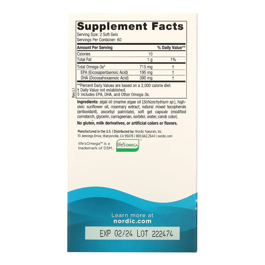 Ingredients of Algae Omega Dietary Supplement - Omega-3s, EPA, DHA