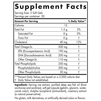 Ingredients of Omega 3 Phospholipids Dietary Supplement - Omega-3s 595mg, EPA 245mg, DHA 275mg