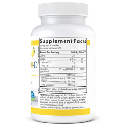 Ingredients of ProOmega 2000 D Dietary Supplement - Calories25, Total Fat2.5 g, Vitamin D325 mcg
