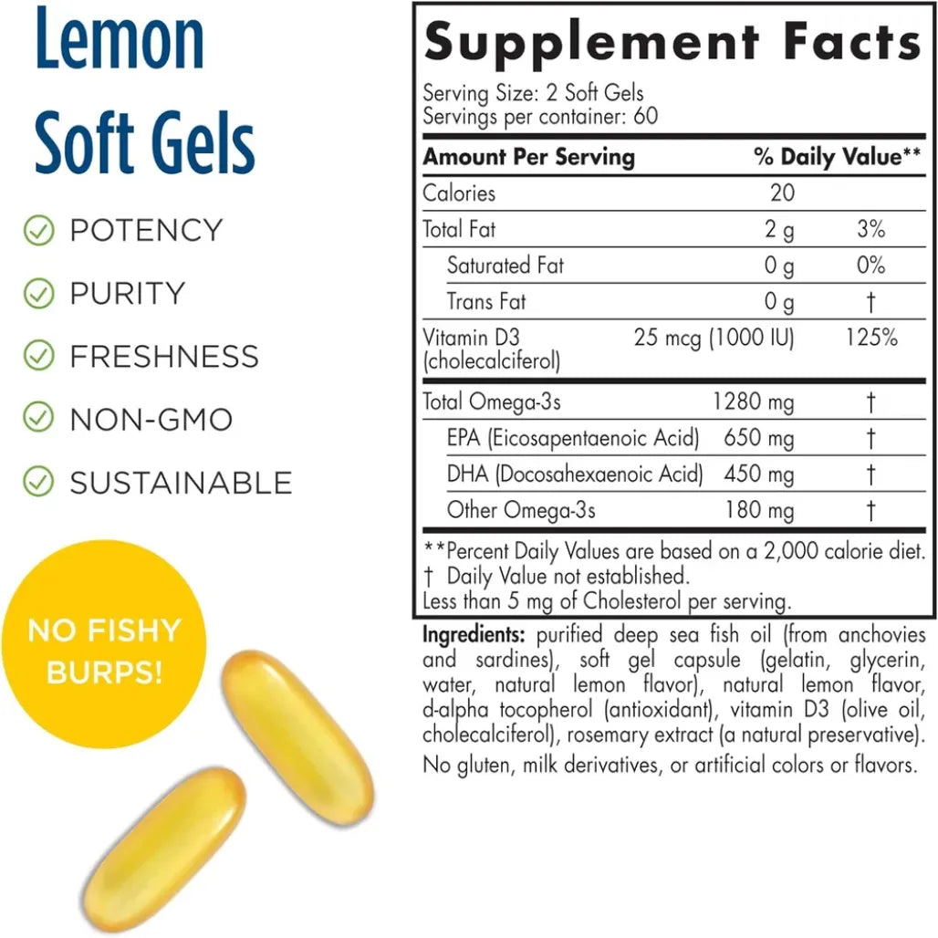 Ingredients of ProOmega-D Lemon 1000 mg Dietary Supplement - Vitamin D3, Omega-3s, EPA, DHA