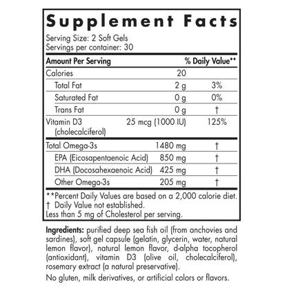 Ingredients of Ultimate Omega-D3 Sport Dietary Supplement - Vitamin D3 25 mcg, Omega-3s 1480 mg