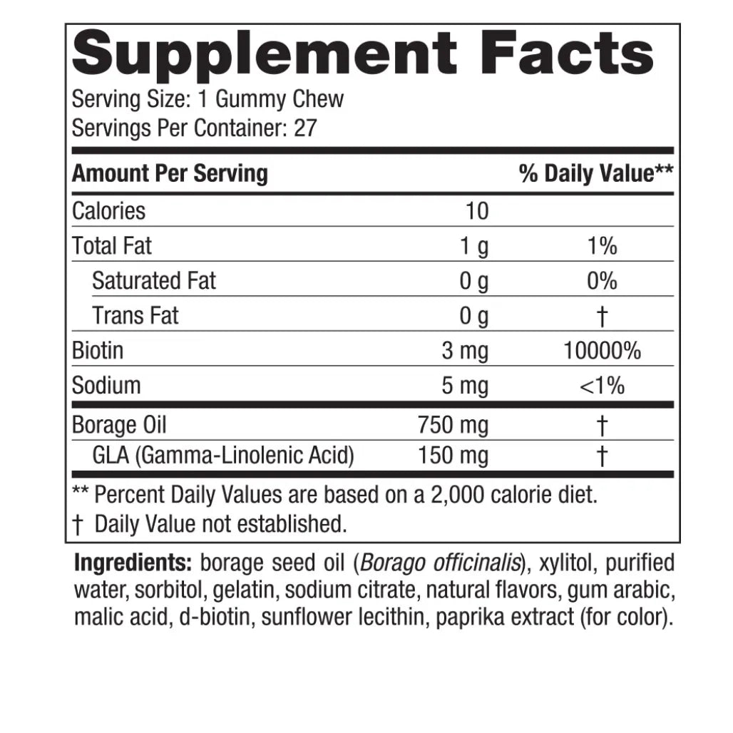 Ingredients of Zero Sugar Hair & Skin Gummy Chews Dietray Supplement - Biotin, Sodium, Borage Oil