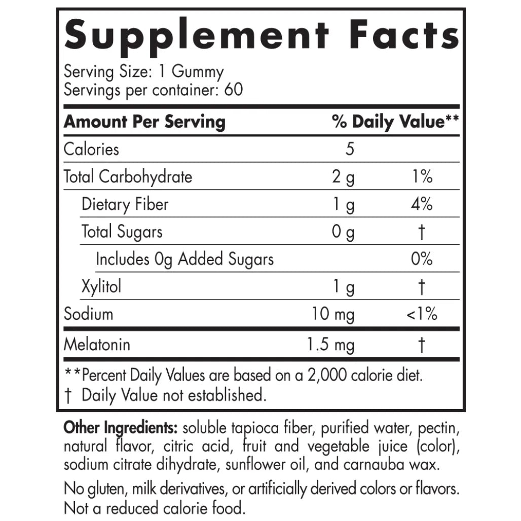 Ingredients of Zero Sugar Melatonin Gummies Dietary Supplement - Xylitol 1 g, Sodium 10 mg, Melatonin 1.5 mg