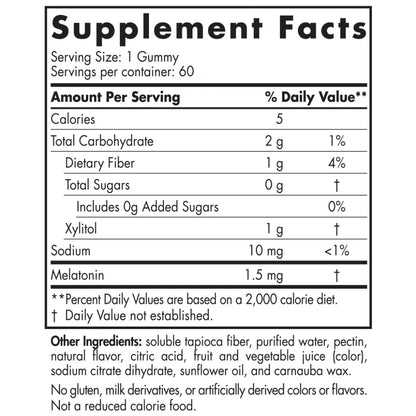 Ingredients of Zero Sugar Melatonin Gummies Dietary Supplement - Xylitol 1 g, Sodium 10 mg, Melatonin 1.5 mg