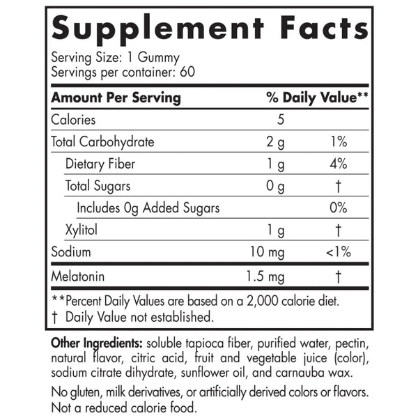 Ingredients of Zero Sugar Melatonin Gummies Dietary Supplement - Xylitol 1 g, Sodium 10 mg, Melatonin 1.5 mg