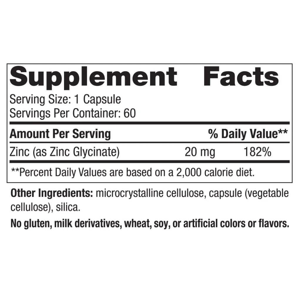 Ingredients of Zinc Glycinate Dietary Supplement - Zinc 20 mg Per Serving