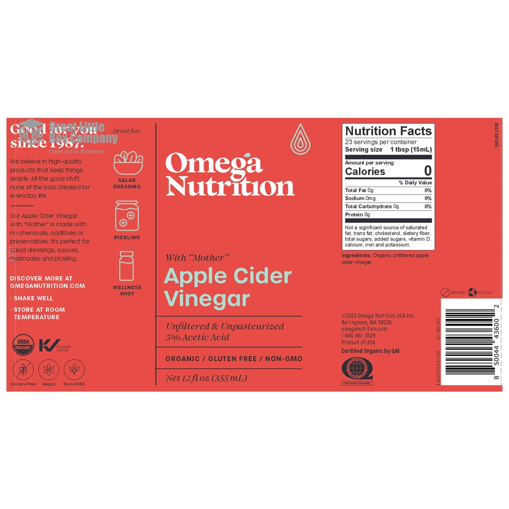 organic apple cider vinegar 12 oz by omega nutrition