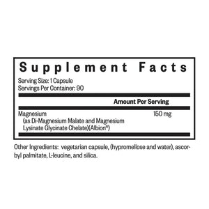 Seeking Health Optimal Magnesium supplement facts label showing 150 mg magnesium per capsule from Di-Magnesium Malate and Magnesium Lysinate Glycinate Chelate, 90 vegetarian capsules.