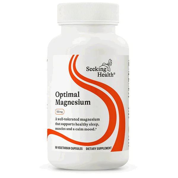 Seeking Health Optimal Magnesium supplement bottle supporting healthy sleep, muscles, and calm mood, 90 vegetarian capsules.
