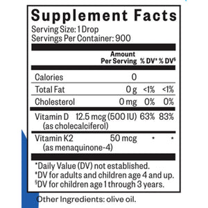 Seeking Health Optimal Vitamin D3 + K2 Drops ingredients label – vitamin D3 (cholecalciferol), K2 (menaquinone-4) in olive oil for bone & immune support.