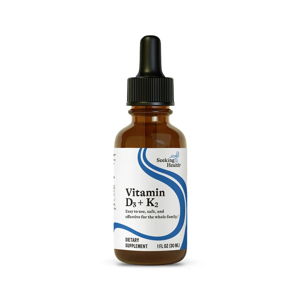 Seeking Health Optimal Vitamin D3 + K2 Drops bottle – liquid formula with vitamin D3 and K2 in olive oil supporting bone, immune & circulatory health.