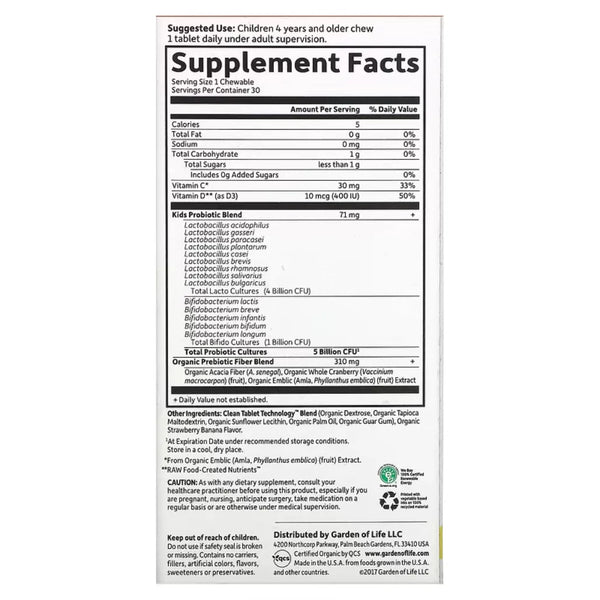 Organic Kids Probiotics Strawberry Banana 30chews Garden of life