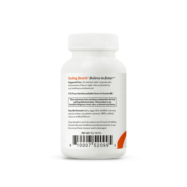 Back label of Seeking Health P-5-P 25 mg supplement showing suggested use, allergen-free formula, and product details.