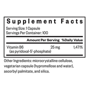 Supplement Facts label of Seeking Health P-5-P 25 mg showing Vitamin B6 as pyridoxal-5-phosphate and additional ingredients.