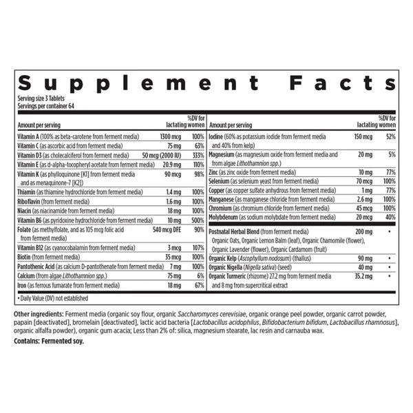 Ingredients of Perfect Postnatal 192 Tabs dietary supplement - vitamin A, C, D3, E, and K