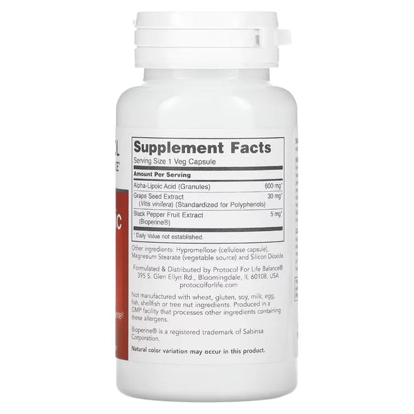 Protocol for life Balance Alpha-Lipoic Acid 600 mg - Supplement Ingredients