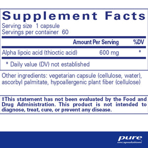 Pure Encapsulations Alpha Lipoic Acid 600 mg supplements facts