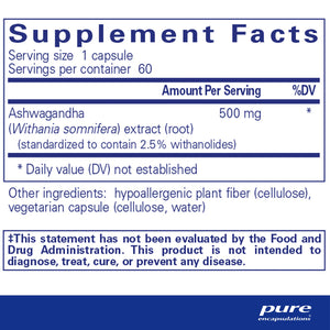 Pure Encapsulations Ashwagandha 500 mg supplements facts