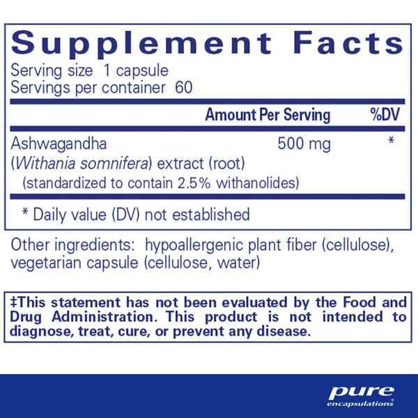 Pure Encapsulations Ashwagandha 500 mg supplements facts