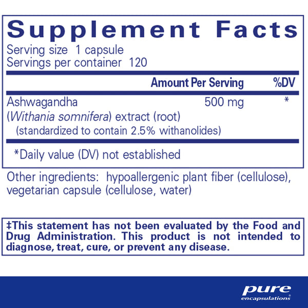 Pure Encapsulations Ashwagandha 500 mg ingredients