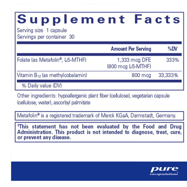 Pure Encapsulations B12 Folate supplements facts