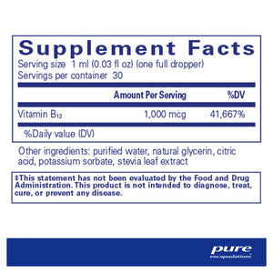 Pure Encapsulations B12 Liquid 1000 mcg supplements facts