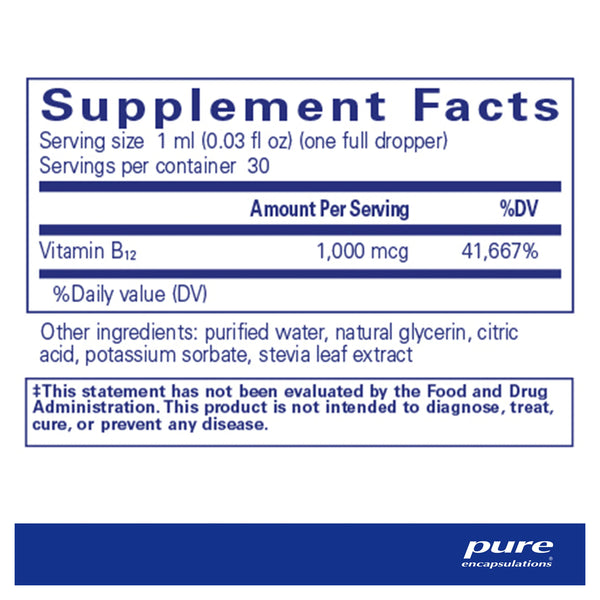 Pure Encapsulations B12 Liquid 1000 mcg supplements facts