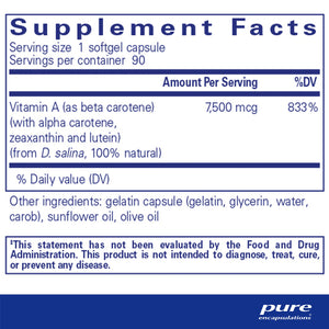 Pure Encapsulations Beta Carotene 25000 IU supplements facts