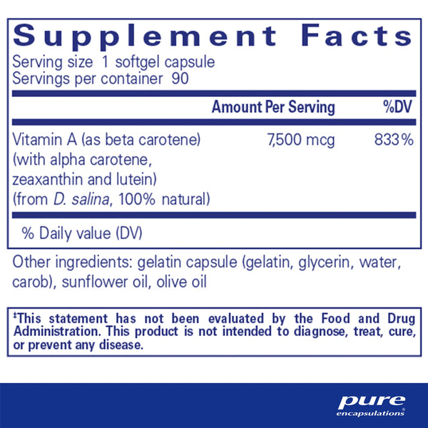 Pure Encapsulations Beta Carotene 25000 IU supplements facts