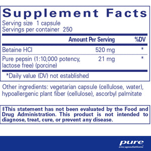 Pure Encapsulations Betaine HCL Pepsin supplements facts
