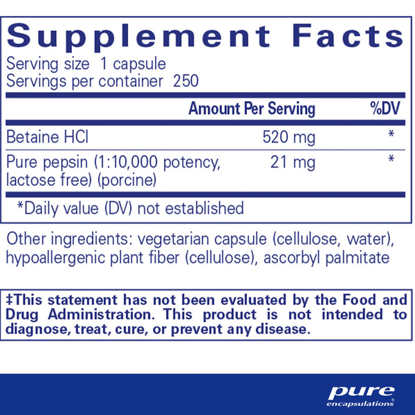 Pure Encapsulations Betaine HCL Pepsin supplements facts
