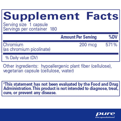 Pure Encapsulations Chromium (Picolinate) 200 mcg supplements facts