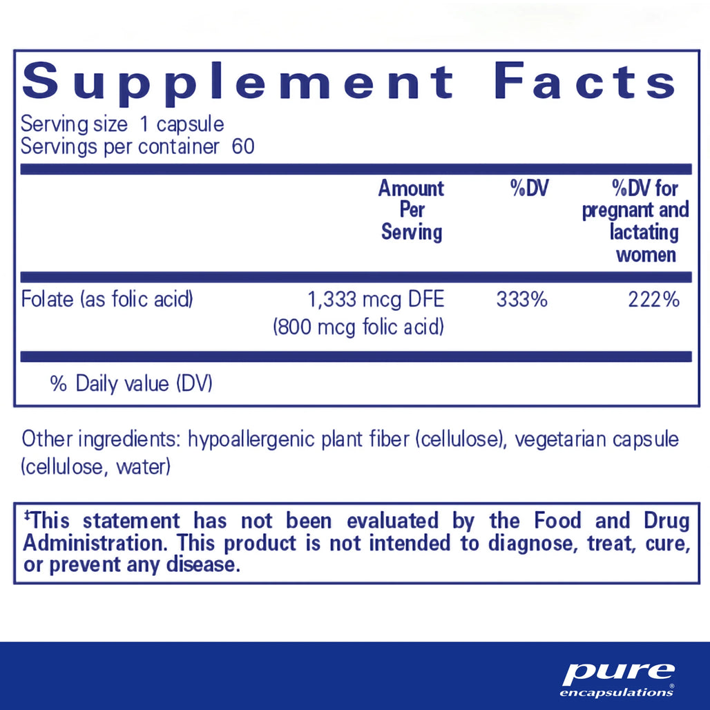 Pure Encapsulations Folic Acid 800 mcg supplements facts