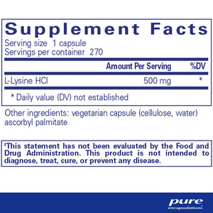 Pure Encapsulations L-Lysine Dietary Supplement Ingredients