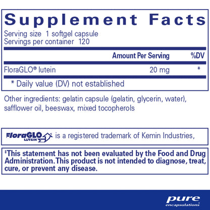 Pure Encapsulations Lutein 20 mg supplements facts