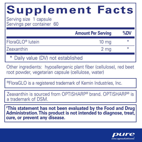 Pure Encapsulations Lutein/Zeaxanthin supplements facts