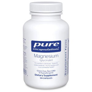 Pure Encapsulations Magnesium Glycinate supplement bottle – highly absorbable magnesium for muscle relaxation and overall wellness.