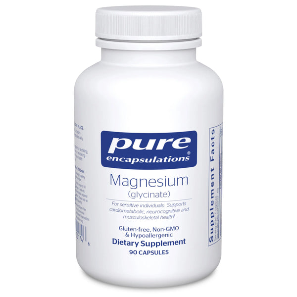 Pure Encapsulations Magnesium Glycinate supplement bottle – highly absorbable magnesium for muscle relaxation and overall wellness.
