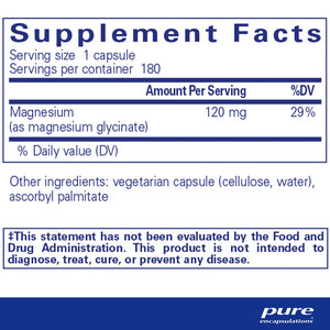 Back label of Pure Encapsulations Magnesium Glycinate bottle showing supplement facts, dosage instructions, and ingredient information for muscle and relaxation support.
