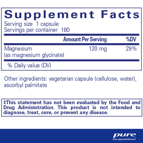 Back label of Pure Encapsulations Magnesium Glycinate bottle showing supplement facts, dosage instructions, and ingredient information for muscle and relaxation support.