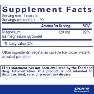 Pure Encapsulations Magnesium Glycinate ingredients label – detailed supplement facts showing magnesium content, serving size, and other active ingredients.