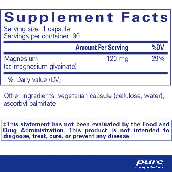 Pure Encapsulations Magnesium Glycinate ingredients label – detailed supplement facts showing magnesium content, serving size, and other active ingredients.