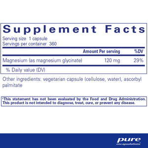 Pure Encapsulations Magnesium Glycinate ingredients panel – nutritional information highlighting elemental magnesium content, purity, and formulation details