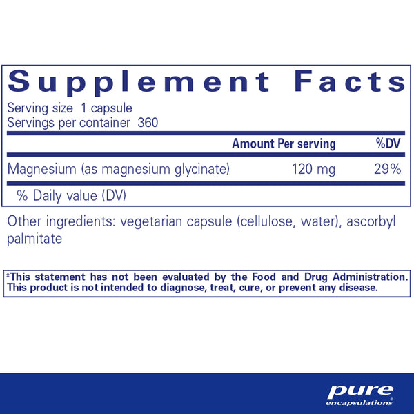 Pure Encapsulations Magnesium Glycinate ingredients panel – nutritional information highlighting elemental magnesium content, purity, and formulation details