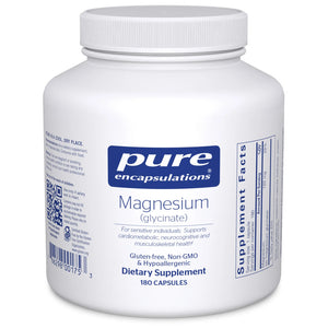 Pure Encapsulations Magnesium Glycinate supplement – promotes calmness, supports healthy muscle function, improves sleep quality, and aids overall energy balance.