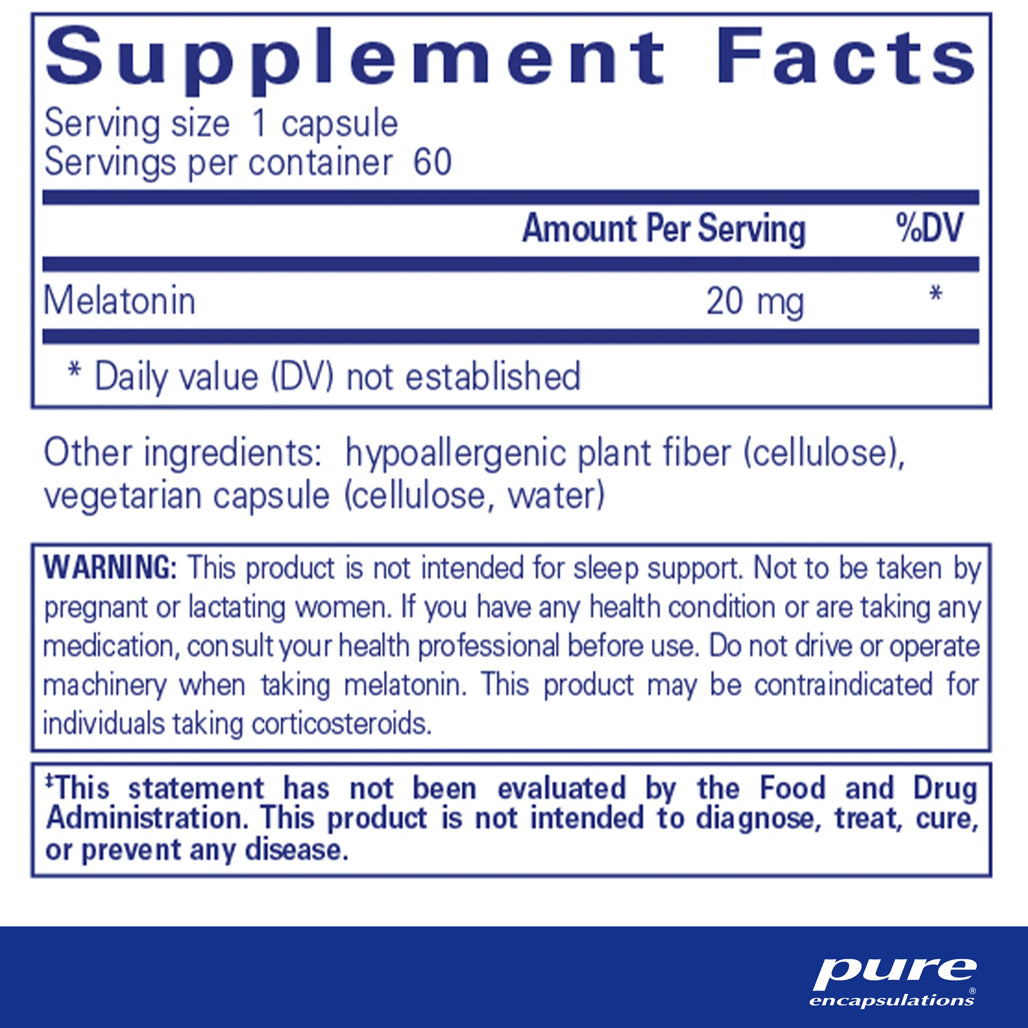 Pure Encapsulations Melatonin 20mg supplement capsules for cellular health and antioxidant activity