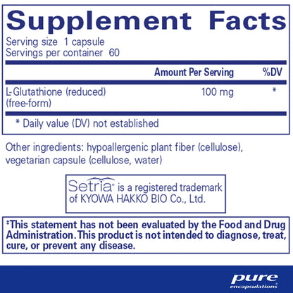 Pure Encapsulations Reduced Glutathione supplement ingredients