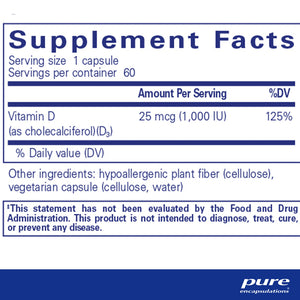 Ingredients Pure Encapsulations Vitamin D3 1000 IU supplement