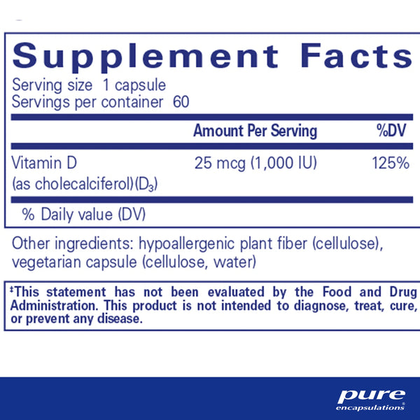 Ingredients Pure Encapsulations Vitamin D3 1000 IU supplement